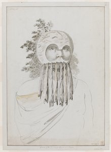 Ein Mann von den Sandwichinseln in einer Maske. Ein Mann von den Sandwichinseln in einer Maske, bestehend aus einer Schüsselkopfbedeckung mit Ausschnitten für die Augen.