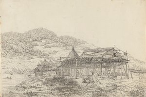 Die Balagans oder Sommerbehausungen, mit der Methode des Fischtrocknens, in St. Peter und Paul, Kamtschatka von John Webber
