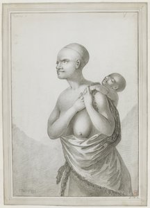 [Ganzes Zeichnung] Eine tasmanische Frau, die ein Kind auf ihrem Rücken trägt, mit einer Haut von ihrer linken Schulter um ihre Taille geschlungen. Januar 1777 von John Webber