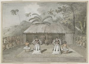 [Gesamte Zeichnung] Ein Tanz oder Heiva auf Otaheite [Tahiti]. Zwei Männer und zwei Frauen tanzen, mit Trommlern dahinter und Zuschauern auf beiden Seiten. September 1777 von John Webber