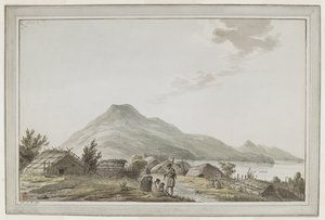 [Gesamte Zeichnung] Ansicht des Hippah, oder befestigtes Dorf, am südwestlichen Punkt von Motuara im Queen Charlotte Sound. Die Ansicht blickt nach Norden, mit Motuara im Hintergrund. Die Zeichnung könnte aus Captain Cooks Besuch am 15. Februar 1777 result