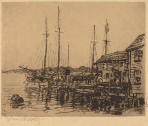 Fischerboote entlang der Kaimauer, Noank, Conn.