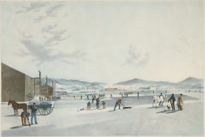 Rockland Lake - Eis schneiden. Blick aus Nordosten, veröffentlicht 1849 von John William Hill