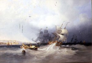 Eine niederländische Brigg auf einem Hafen und andere Schiffe vor einem Ostküstenhafen