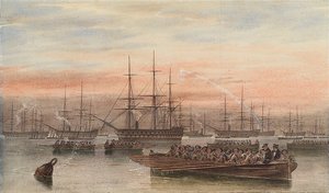 Die Baltische Flotte bei Nacht mit Schiffen im Vordergrund von John Wilson Carmichael