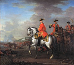 König Georg II. in der Schlacht bei Dettingen, mit dem Herzog von Cumberland und Robert, 4. Earl of Holderness