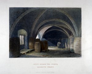 Krypta mit Fässern unter der Kapelle im Lambeth Palace, London von John Wykeham Archer