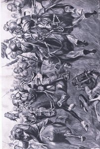 Marston Moor, 2. Juli 1644: Die schottische Kavallerie unter Leslie greift Prinz Ruperts Flanke an, Illustration aus British Battles on Land and Sea, 1915 von John de Walton