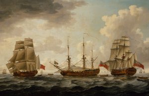 H.M.S. Tyrall in drei Positionen vor Antigua von John the Younger Cleveley