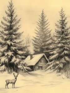 Rustikale Winterhütte mit Hirsch