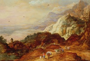 Gebirgslandschaft mit Figuren und Maultieren