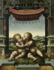 Die Kinder Christus und Johannes der Täufer umarmen sich