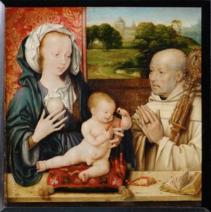 Jungfrau und Kind mit dem heiligen Bernhard von Clairvaux. Im Hintergrund die Abtei von Cluny von Joos van Cleve