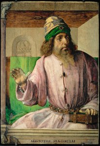Aristoteles, griechischer Philosoph, aus einer Serie von 28 Porträts, um 1475 für das Studiolo von Federigo da Montefeltre gemalt