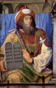 Porträts berühmter Männer: Moses und Gesetzestafeln. Gemälde von Joos van Wassenhove. Museo Nazionale