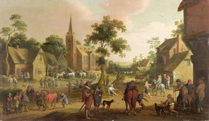 Reisende, Bettler und Pferdehändler in einem Dorf von Joost Cornelisz. Droochsloot