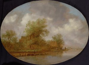 Eine Flusslandschaft mit Fischern, die Netze einholen von Joost de Volder