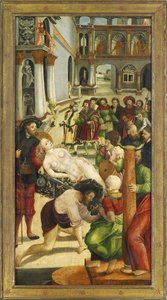 Sainte Agathe auf dem Scheiterhaufen - Der Brand. Flügel vom Heiligen Agatha Altar - Greimold, Joerg (Jorg) (ca. 1500-nach 1540) - 1523 - Öl auf Holz - 109x57 - Stadtmuseum Weilheim