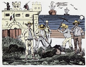 Die mexikanische Revolution (1910-1920): Gruppen von Gefangenen bei Zwangsarbeit - Xylographie von Jose Guadalupe Posada (1852-1913)