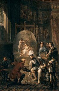 Kaiser Karl V. hebt den Pinsel des Malers Tiziano Vecellio auf, genannt Tizian, Hofmaler des Kaisers. Gemälde von Jose Felipe Parra (1824-1864) 19. Jahrhundert