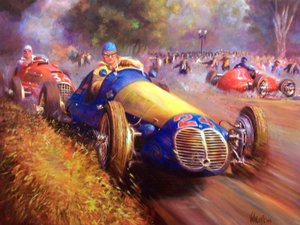 Juan Manuel Fangio fährt den Maserati 4Cl im Wald von Palermo, Buenos Aires