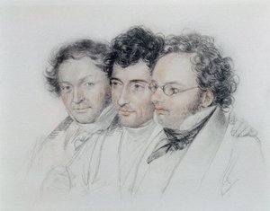 Von links nach rechts, Freunde der Komponisten Johann Baptist Jenger (1793-1856), Anselm Huttenbrenner (1794-1868) und Franz Schubert (1797-1828), Pastell