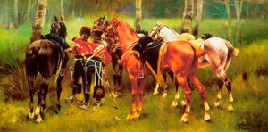 Gruppe von Husaren und Pferden im Wald