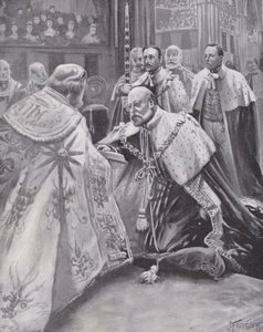 König Edward VII. legt den Eid bei seiner Krönung in der Westminster Abbey, London, ab von Joseph (after) Finnemore