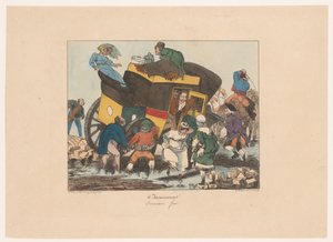 Omnibus mit Passagieren steckt im Schlamm fest