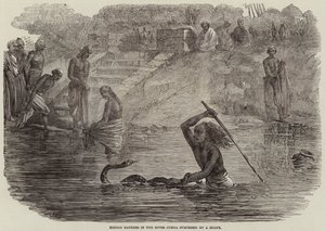 Hindoo-Bader im Fluss Jumna von einer Schlange überrascht von Joseph Austin Benwell