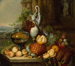 Stillleben mit Früchten, Fischglas und Landschaft