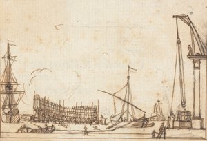 Dock-Szene: Boote und Schiffe verschiedener Größen; Schiffbau; Flaschenzugähnliche Maschinen mit Bedienern