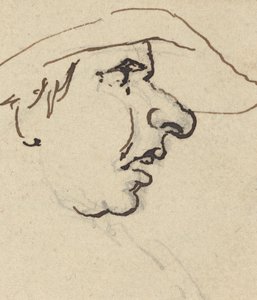 Profil eines Mannes mit großer Nase, der einen Hut trägt