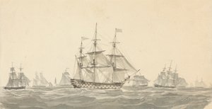 Seitenansicht eines Schlachtschiffs, umgeben von mehreren anderen in schwerer See von Joseph Cartwright