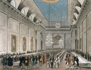 Die Prozession in der Freimaurerhalle, Queen Street, anlässlich des jährlichen Abendessens für junge Mädchen, unterstützt vom Orden, aus Ackermanns 