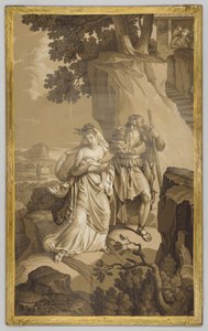 Tapete, Paneel, mit Darstellung aus Les Amours de Psyche: Psyche auf in Felsen gehauener Treppe, in Grisailletönen