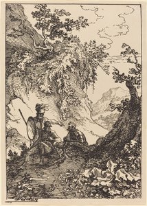 Landschaft mit Männern in Rüstung, Baumstumpf von Joseph Fischer