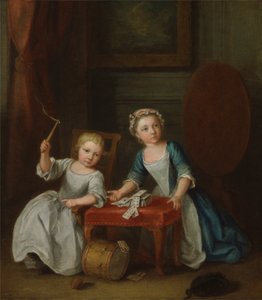 Zwei Kinder der Nollekens-Familie, wahrscheinlich Jacobus und Maria Sophia, spielen mit einem Kreisel und Spielkarten, 1745 von Joseph Francis Nollekens