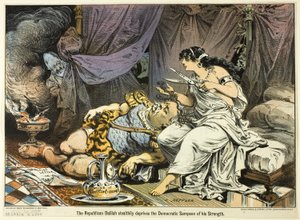 Die republikanische Dalilah beraubt heimlich den demokratischen Samson seiner Stärke, aus Puck