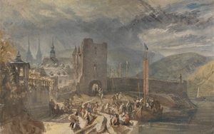 Eine Ansicht von Boppart, mit Figuren am Flussufer