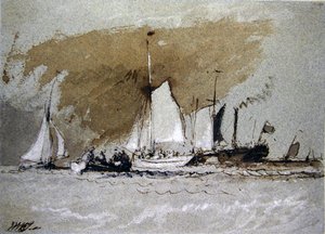 Fischerboote auf See, die einen Dampfer vor Cowes, Isle of Wight, besteigen