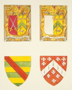 Vier Wappen - zwei in einem Fenster in der Nähe des Glockenturms, Kathedrale von Bristol von Joseph Manning