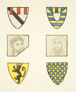 Vier Wappen und zwei Köpfe in Buntglasfenstern nördlich und südlich des Chors in der Kathedrale von Bristol