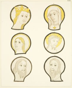 Sechs Köpfe in Buntglasfenstern südlich des Chors in der Kathedrale von Bristol