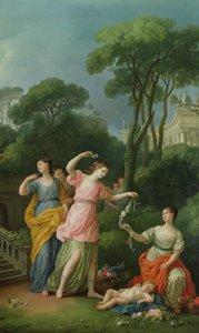 Junge griechische Mädchen schmücken einen schlafenden Amor mit Blumen, 1773 von Joseph Marie Vien