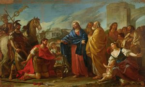 Der Zenturio kniet zu den Füßen Christi oder Jesus heilt den Sohn eines Offiziers, 1752
