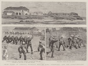 Scheinangriff in Jamaika zwischen Männern der HMS Forward und der Polizei von Joseph Nash