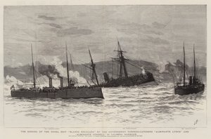 Das Sinken des Rebellen-Schiffs Blanco Encalada durch die Regierungstorpedofänger Almirante Lynch und Almirante Condell im Hafen von Caldera