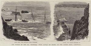 Das Wrack der SS Suffolk mit Rindern an Bord am Lizard Head, Cornwall