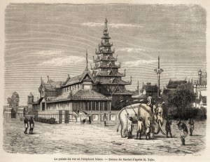 Der Palast des Königs von Ava in Amarapoura (heutiges Burma), Zeichnung von Navlet zur Illustration der Reise ins Königreich Ava im Jahr 1855 von Kapitän Henri Yule vom Bengalischen Genie-Korps. Gravur in „Le tour du monde, nouveau journal des voyages“ von Joseph Navlet